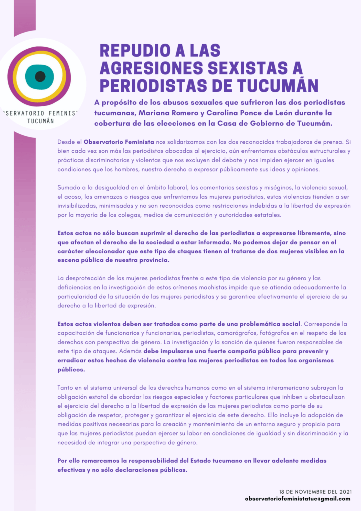 Repudio a las agresiones sexistas a periodistas de Tucuman OFT