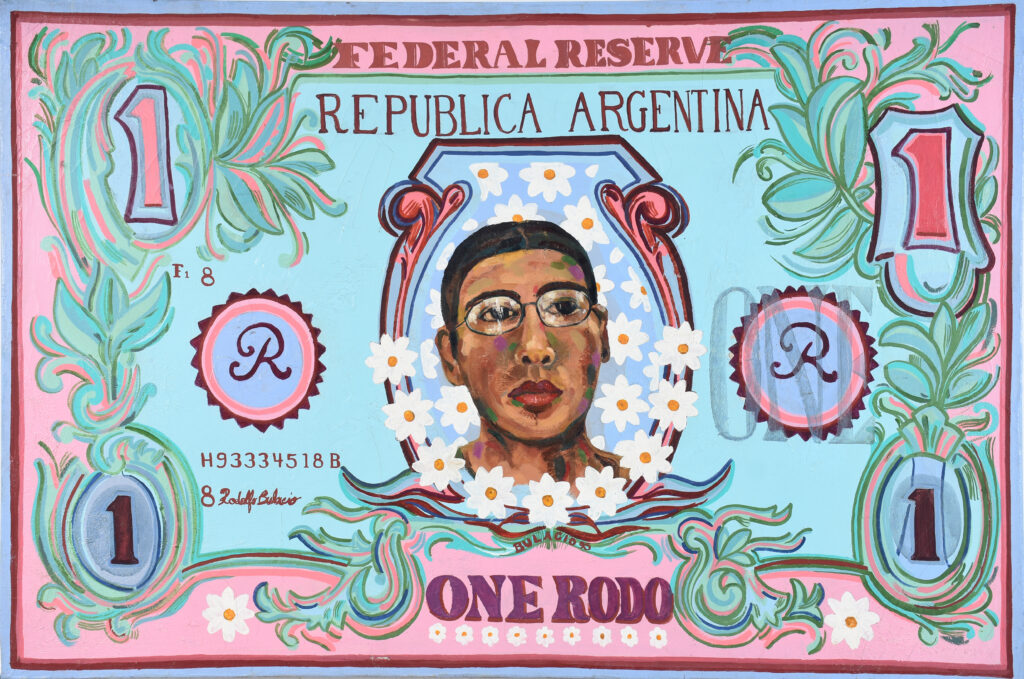 One Rodo One money. Esmalte sintetico y oleo sobre tela. 80 x 120 cm. 1995. Credito fotografico Fausto Veron