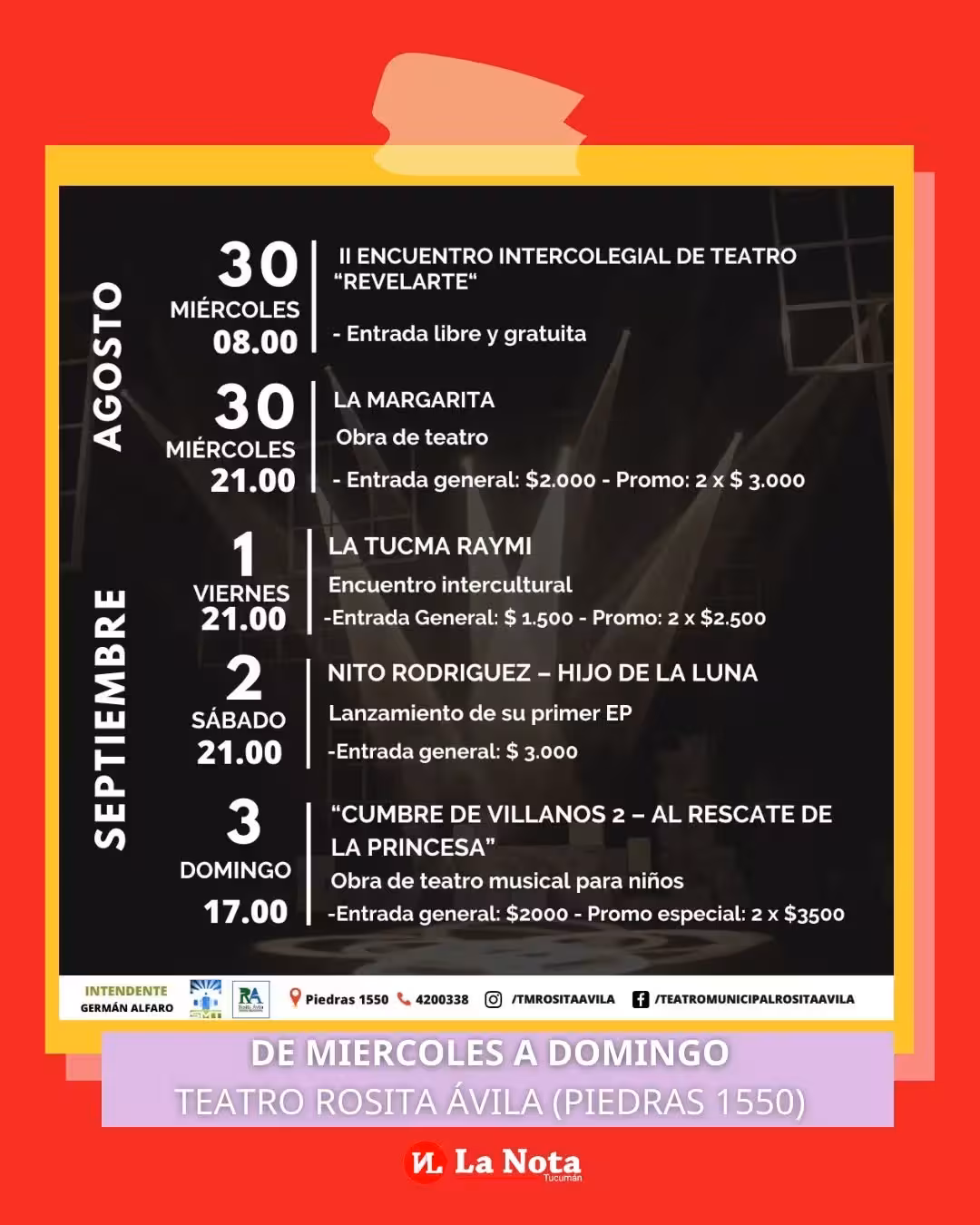 Programación semanal del Teatro Rosita Ávila
